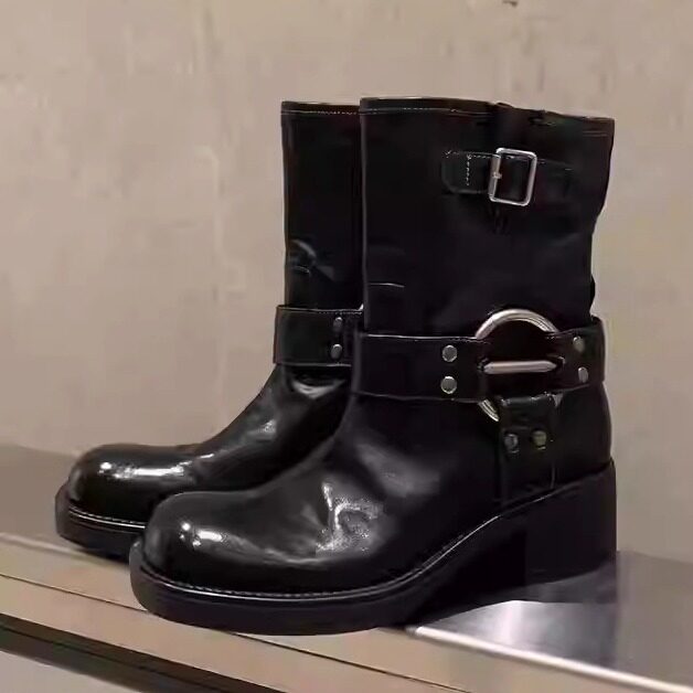 牛皮版~真皮复古马丁靴时髦金属扣圆头粗跟西部短靴女百搭机车靴