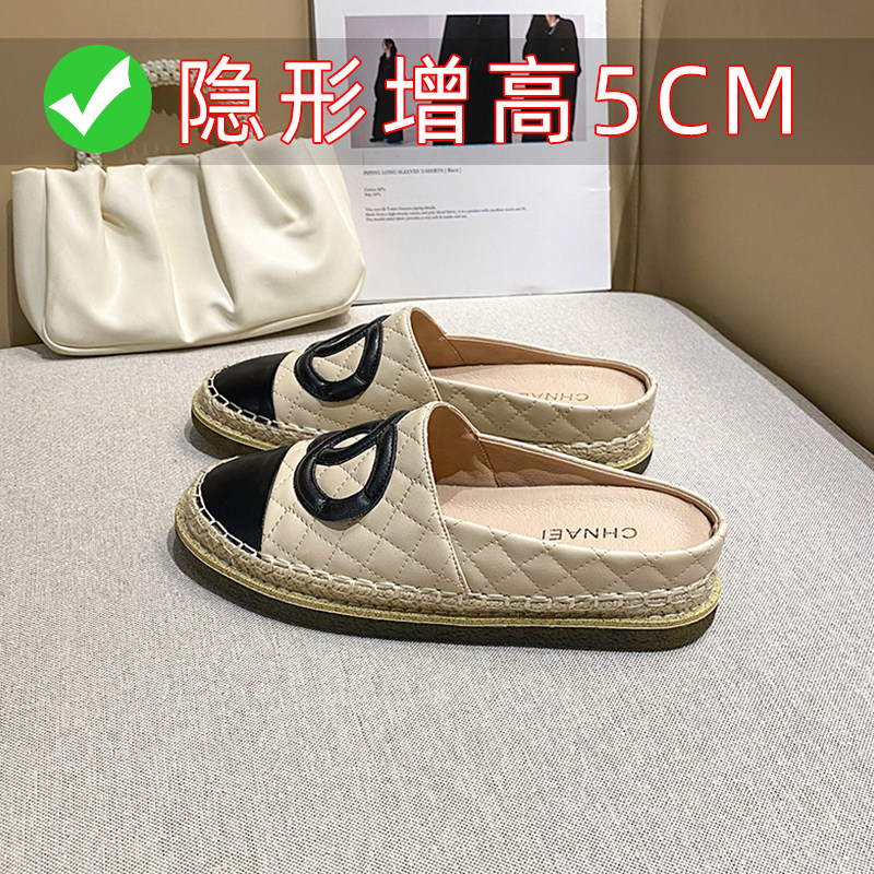 内增高包头半拖小香风渔夫鞋真皮厚底一脚蹬浅口豆豆鞋春秋单鞋女