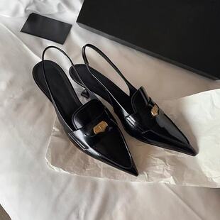 女ol通勤鞋 现货秒发 小金币真皮尖头细跟后空凉鞋 百搭新款 秋 时尚