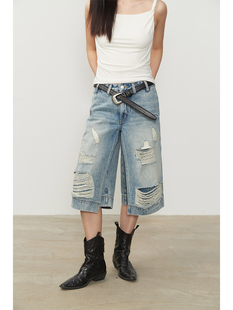 六分裤 洛边 牛仔裤 设计师原创做旧破洞美式 假两件复古 重工水洗