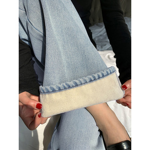 宽松百搭显瘦保暖休闲裤 设计师款 加绒加厚抓绒阔腿牛仔裤 洛边