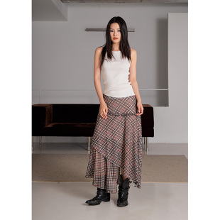 A字显瘦中长裙女 春夏新款 洛边 高腰格子不规则半身裙原创设计师款