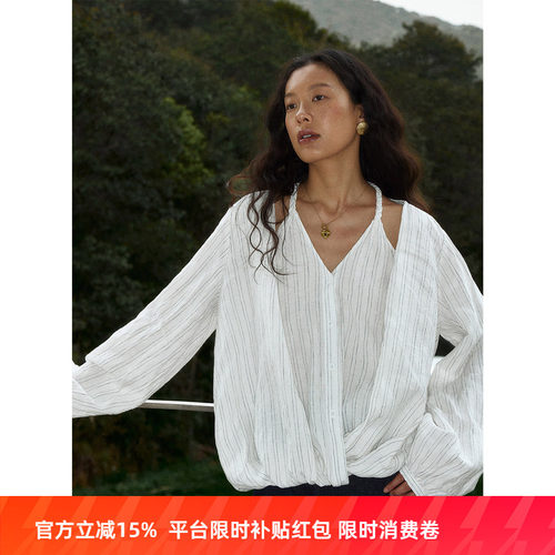 洛边 双序条纹 原创设计师款复古100亚麻条纹衬衫长袖V领宽松上衣