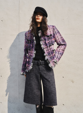 洛边 紫芝眉宇 小香风粗花呢外套女撞色格子千金风高级感毛呢