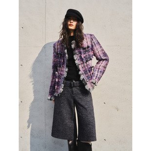 洛边 小香风粗花呢外套女撞色格子千金风高级感毛呢 紫芝眉宇