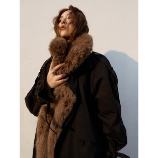 洛边 复古风仿狐狸毛领派克服女高级感夹绵外套 原创设计师款