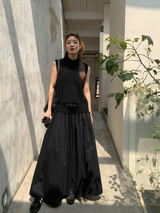 百搭女时髦夏 百褶裙半身裙长裙高腰A字过膝纯色中长款 洛边 必收