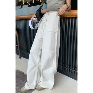 工装 街头轻薄裤 休闲裤 松紧腰女户外抽绳美式 夏日新款 洛边2026韩版