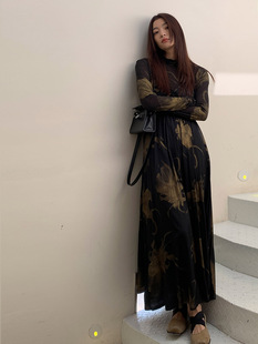 洛边艺术家吊带裙蚕丝上衣毛边复古叠穿连衣裙女初春新晕染两件套