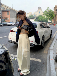 中高腰休闲宽松拖地运动抽绳束脚直筒裤 洛边 新款 阔腿裤 系带工装