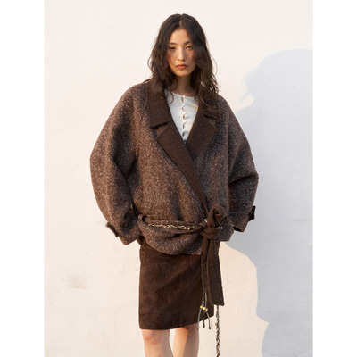 洛边 原创设计高级拉毛双面呢外套女秋冬中长款系带AB面毛呢大衣