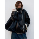 洛边 原创翻领仿羊羔毛PU皮衣夹克宽松皮衣廓形外套女新 暮色旅人