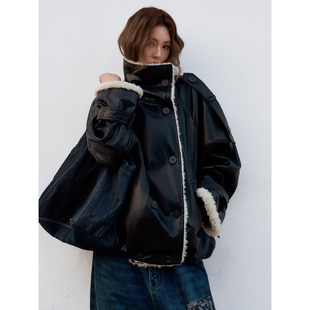 洛边 原创翻领仿羊羔毛PU皮衣夹克宽松皮衣廓形外套女新 暮色旅人