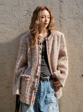 洛边 杜塞画廊 小香风彩色粗花呢圆领流苏边毛呢外套女宽松原创