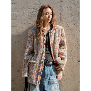 洛边 小香风彩色粗花呢圆领流苏边毛呢外套女宽松原创 杜塞画廊