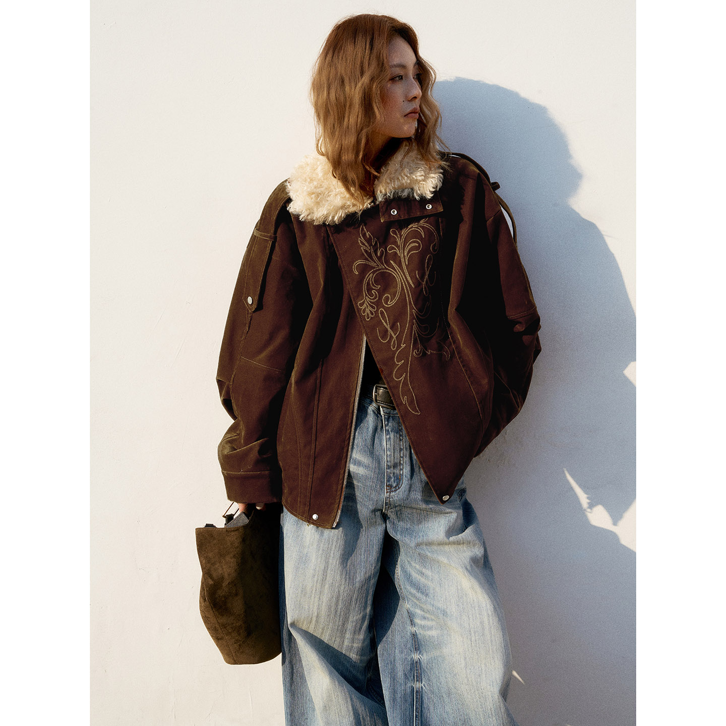 拉链原创设计师款可脱卸毛领刺绣