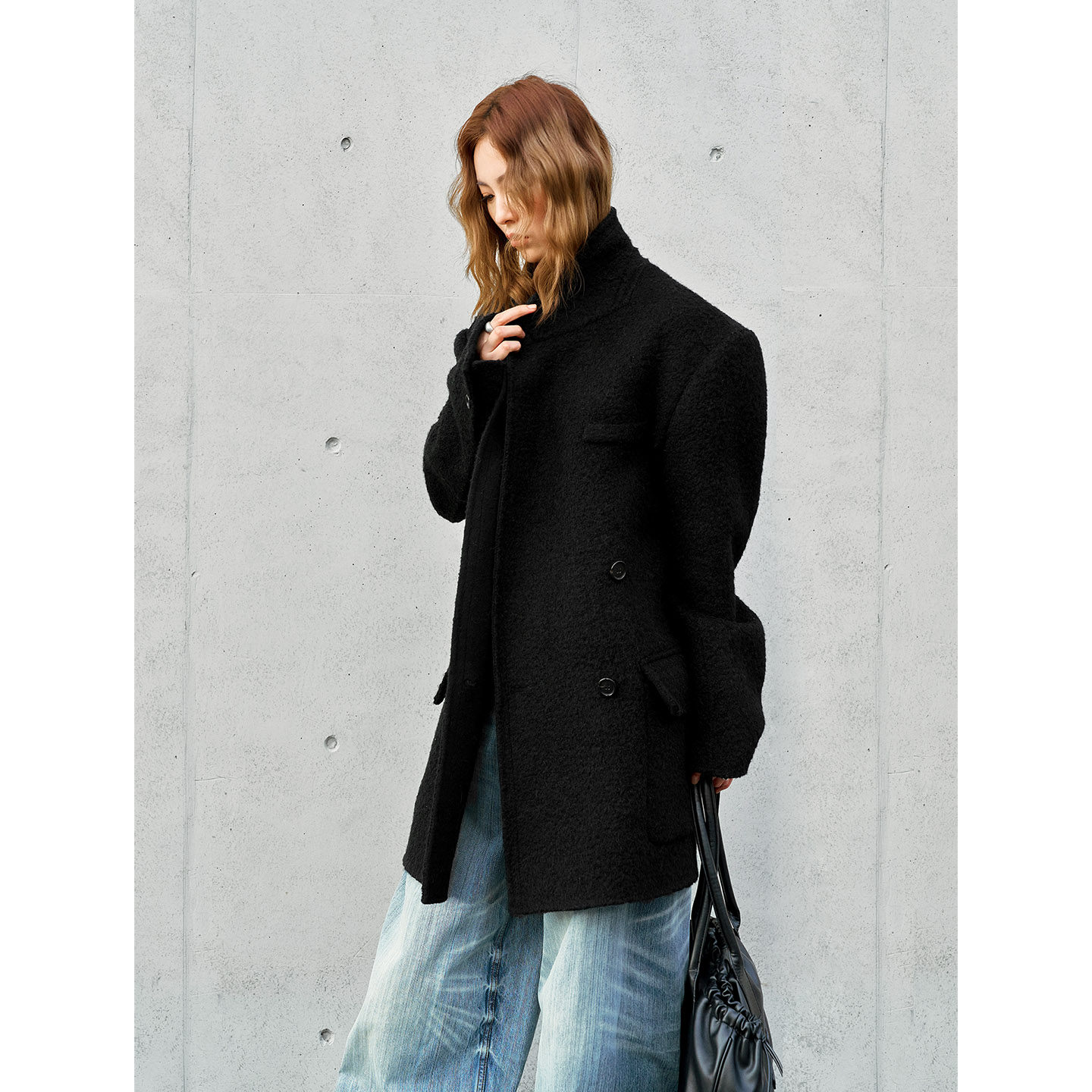 洛边墨玉原创设计师款黑色羊驼毛毛呢外套女中长款立领双排扣上衣
