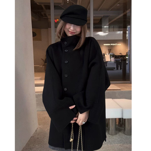牛角扣毛呢大衣宽松秋冬女 原创立领双面呢外套长袖 洛边 演绎慵懒