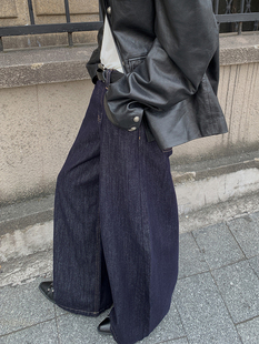 显瘦廓形长裤 高腰裤 女秋冬新 原创刺绣阔腿宽松复古牛仔裤 洛边