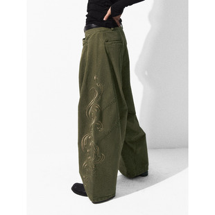 宽松显瘦休闲裤 洛边 复古重工刺绣阔腿裤 原创设计师款 女 无尽之境