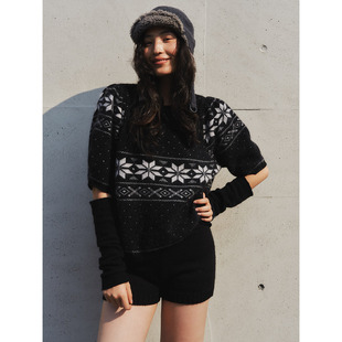 洛边 百搭 费尔岛风黑色提花毛衣女圆领套头针织衫