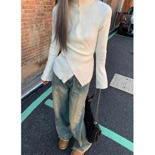 毛衣套头纯色不规则针织上衣女 立领交叉喇叭袖 洛边 小众设计师款