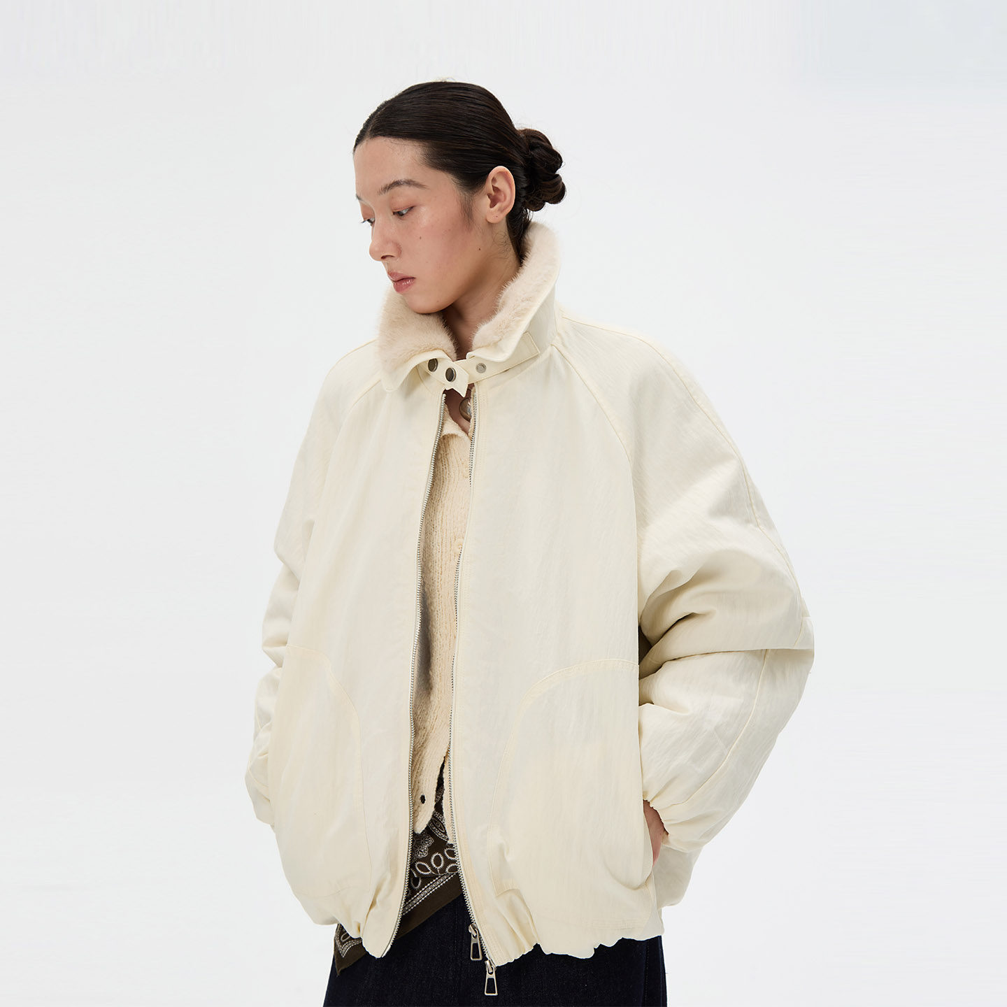 洛边 无界 79%棉正反两穿复古毛毛上衣派克服女宽松立领棉服外套
