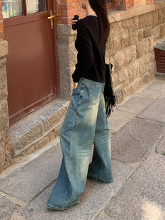 宽松直筒百搭显瘦女长裤 洛边 休闲牛仔裤 做旧洗水阔腿裤 泰好看辣