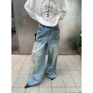复古做旧宽松直筒破洞阔腿牛仔裤 洛边 脏染蓝美式 新款 女 脏脏裤