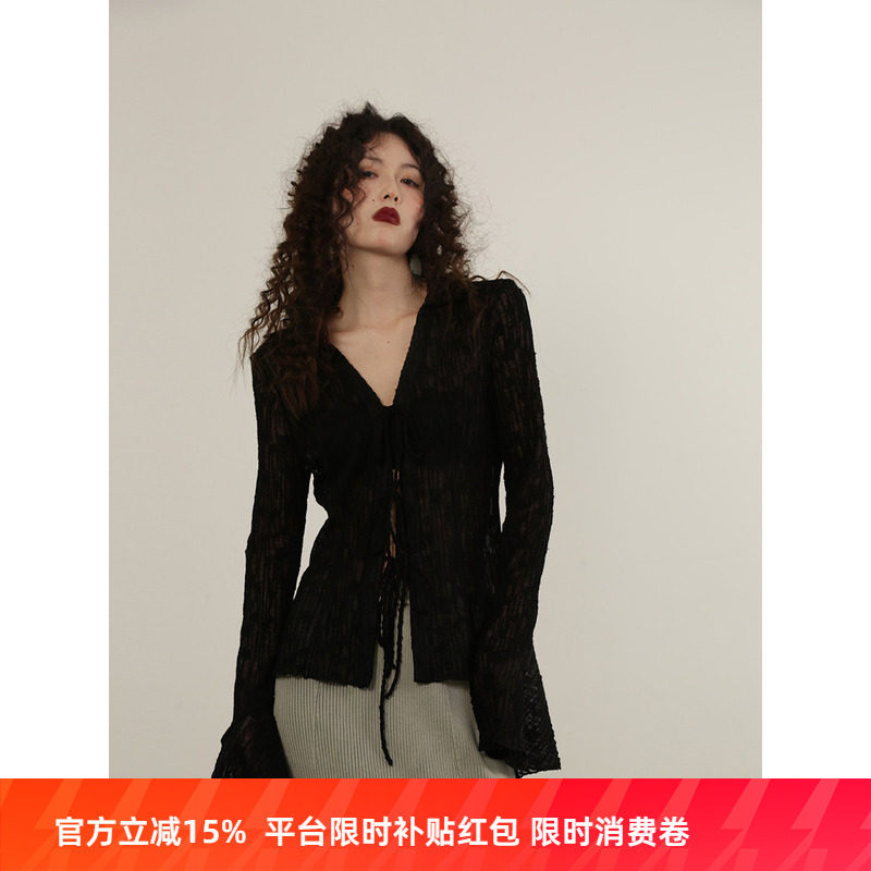 洛边 40澳毛！衬衫衬衣女性感辣妹针织上衣打底百搭系带女时髦