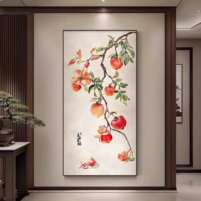 玄关装饰画现代简约入户正进门墙壁画石榴寓意好客厅走廊过道挂画图片