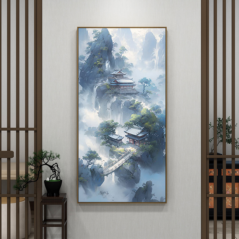 新中式绿色客厅山水装饰画入户玄关走廊水墨挂画门厅复古正对门壁图片