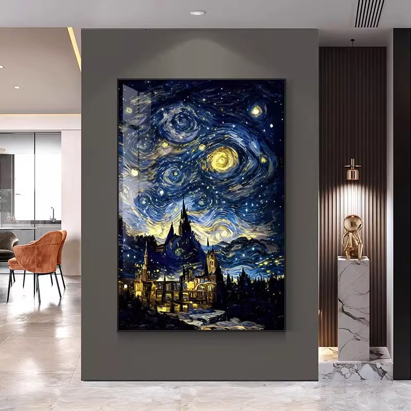 梵高星空霍格沃兹城堡客厅装饰画背景墙抽象名画油画卧室玄关挂画图片