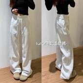 阔腿卫裤 女秋冬加绒休闲宽松直筒小个子窄版 运动裤 白灰色lulu同款