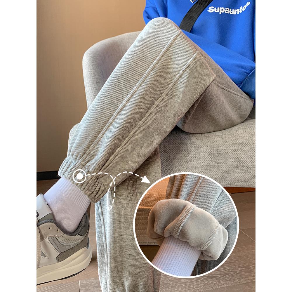 灰色运动裤女秋冬2025新款宽松束脚哈伦裤小个子显瘦加绒加厚卫裤