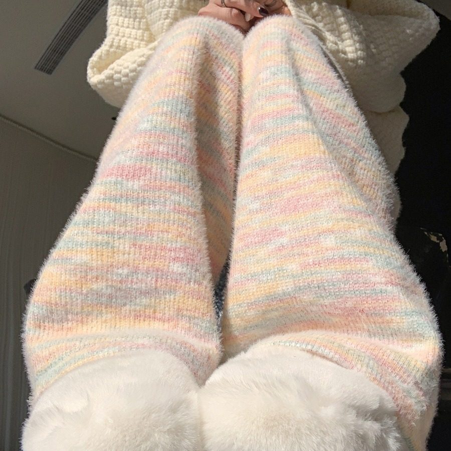 加绒彩虹糯米裤女秋冬季2024新款高腰垂感休闲直筒软糯针织阔腿裤