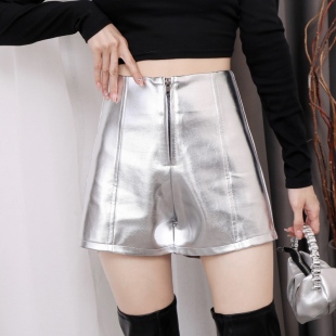 宽松高腰短裤 春秋漆皮亮面短裤 靴裤 女短裤 女外穿 女显瘦阔腿PU皮裤