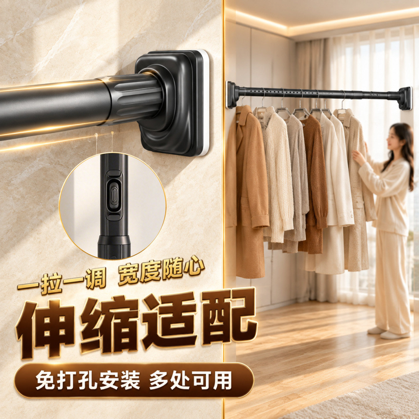加厚晾衣杆免打孔窗帘杆伸缩杆卧室阳台撑杆免钉安装浴帘杆支撑杆