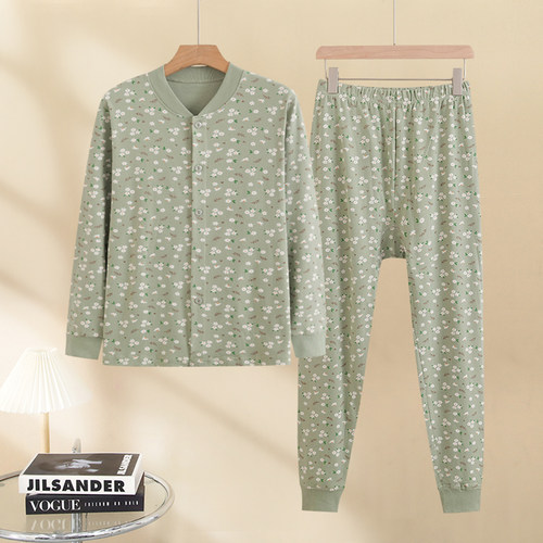 纯棉中老年人女士开衫秋衣秋裤