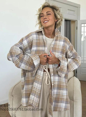 欧美新款复古时尚格纹衬衫长袖翻领衬衣 Loose plaid lapel shirt