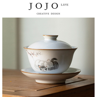 取木 JOJO PD.wood.三才盖碗月白汝窑猫咪陶瓷功夫茶具简约