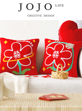 JOJO'S L. PD.bad.红色花朵原创结婚喜字沙发抱枕套靠垫 | 为坏