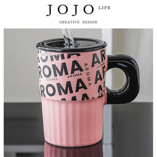 PD.eaves.杯具大容量撞色英文马克杯带盖吸管 宇怡 JOJO