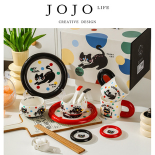 伴手礼 JOJO PD.Reply.喵喵乐谷萌趣陶瓷餐具碗筷套装 回睬