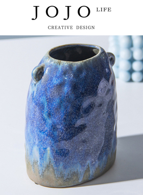 JOJO'S L. PD.push.蓝色双耳陶瓷花插酒店民宿手工创意花器 |推蚤