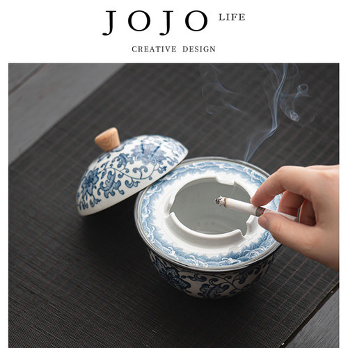 紫泉涧陶瓷烟灰缸带盖防飞灰创意