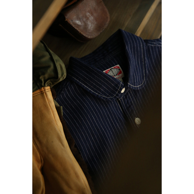 靛蓝色日式圆角领短袖衬衫工装