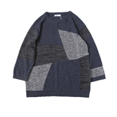 split 复古针织七分袖 joint几何拼接 Geometry 棉麻 日式 套头衫