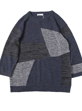 Geometry split joint几何拼接 棉麻 日式复古针织七分袖套头衫