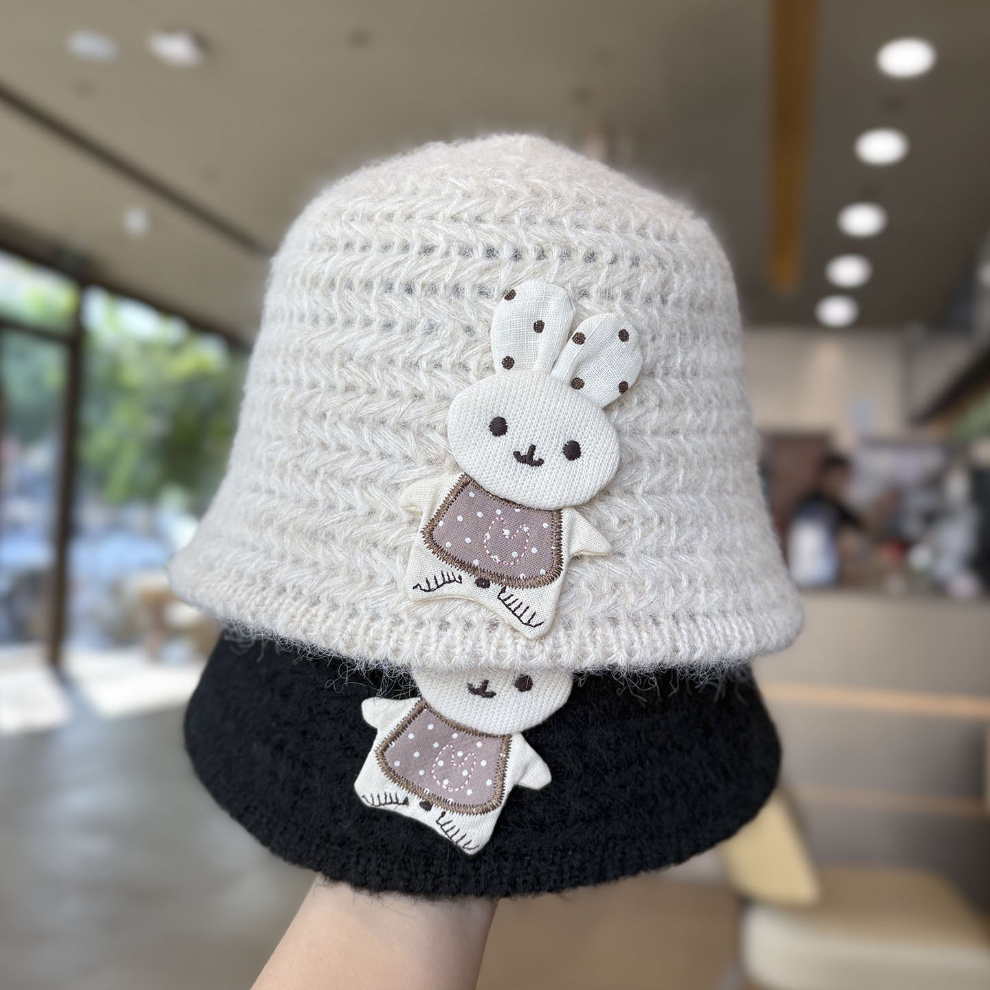 可爱兔子韩版儿童针织水桶帽宝宝秋冬户外防风盆帽男女童渔夫帽萌